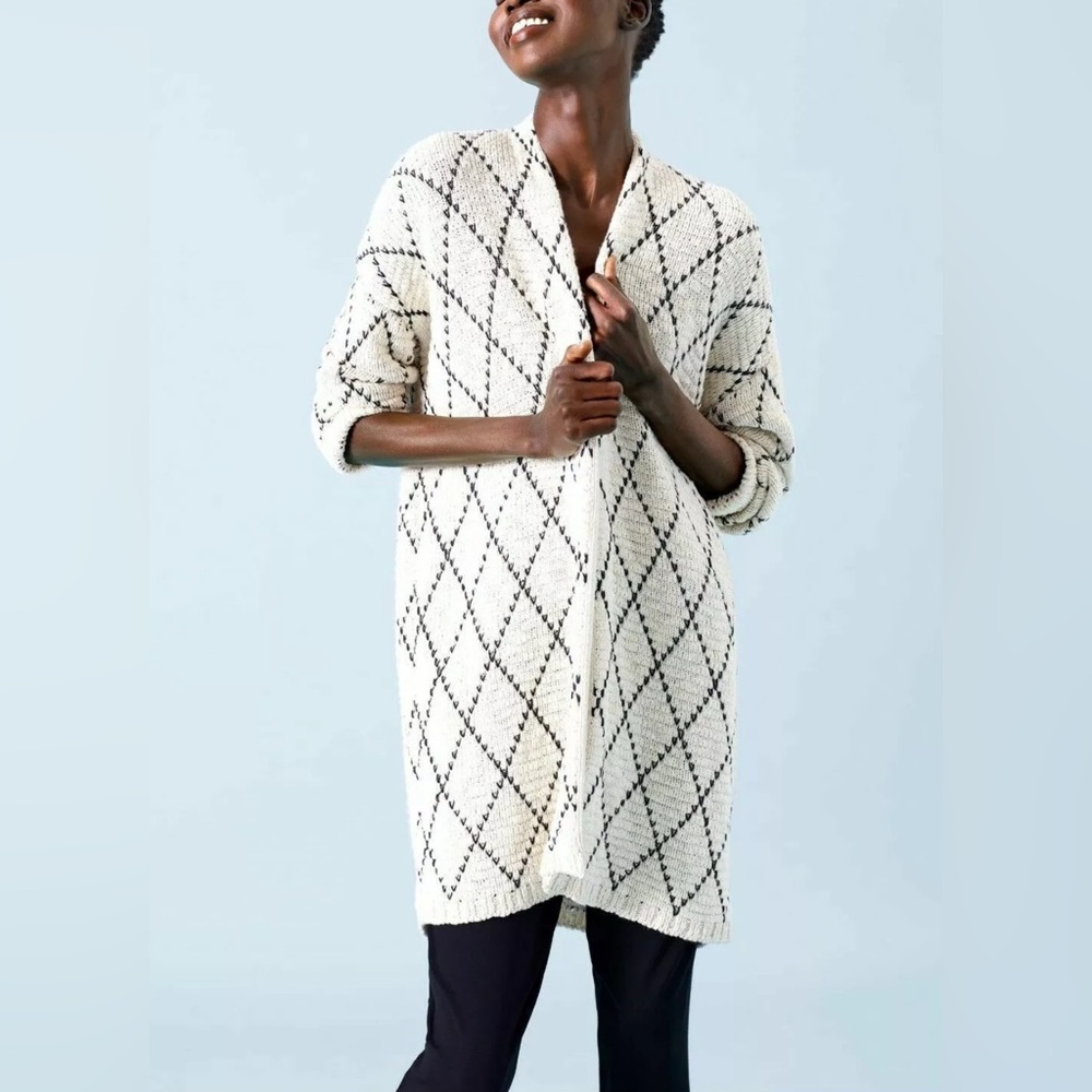Eileen Fisher - women’s organic cotton cream / black kimono cardigan sweater S/M